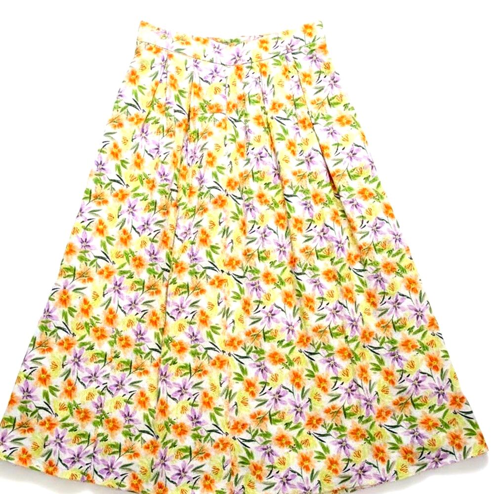 Yellow Floral Pleated Long Maxi Skirt M Boho Cottagecore Fairy Prairie Rustic